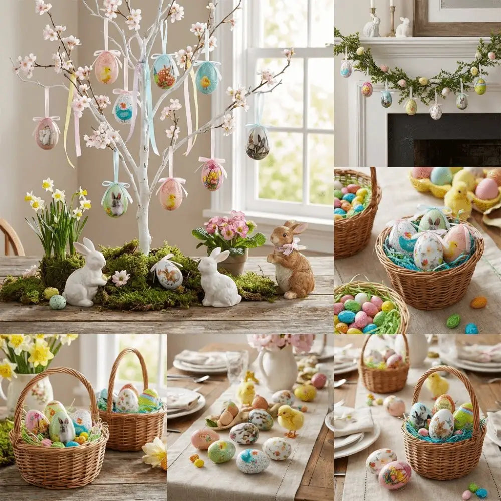 œufs de Pâques en mousse suspendus aux couleurs pastel, avec des motifs décoratifs, présentés sur un faux arbre blanc agrémenté de fleurs et de rubans pour la décoration artisanale florale.