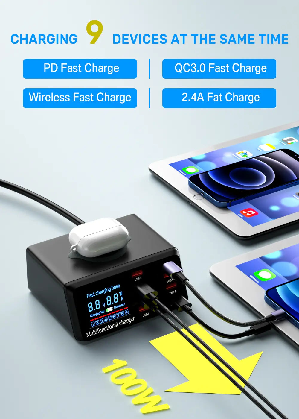 Station de charge USB multifonctionnelle Asometech 100 W noire avec écran d’affichage numérique et plusieurs ports pour la charge rapide et la charge rapide.