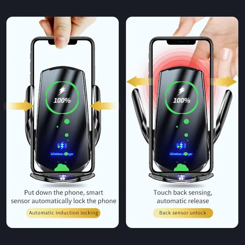 black wireless phone charger with magnetic clamps and automatic sensing lock feature for kia forte k3 phone mount 2019-2021