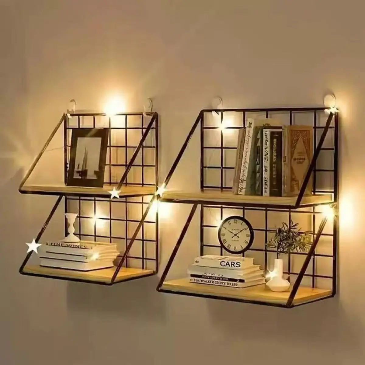 industrial-style wood wall shelf with wire basket storage featuring metal grid design light wood accents and integrated led string lights