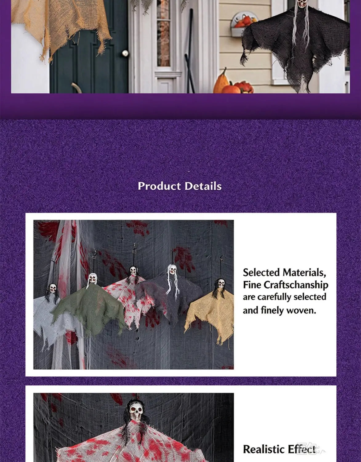 schwarze, zerschlissene Stoff-Hänge-Geist-Halloween-Schreck-Accessoires mit Totenkopf-Gesichtern und flügelartigen Anhängen für die Dekoration von Geisterhäusern.