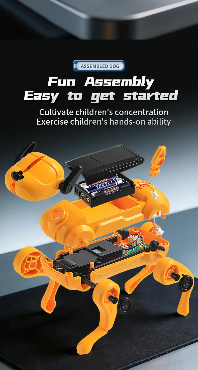 Bright orange abs plastic diy assembled dog robot toy with black solar panel and battery compartment from mainland China.