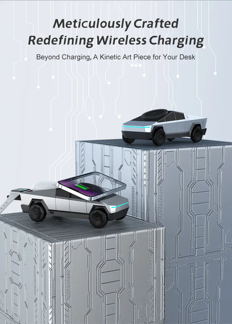 Silver and black Tesla Cybertruck-shaped wireless charging station with a sleek futuristic design featured in the Cybertruck 3-in-1 wireless charging station product.