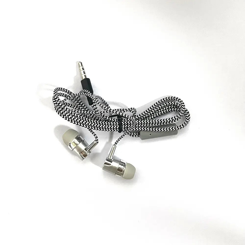 Silver wired in-ear headphones with a black and white herringbone-patterned cable and gray inline control module designed for mobile phone use with bass stereo sound.