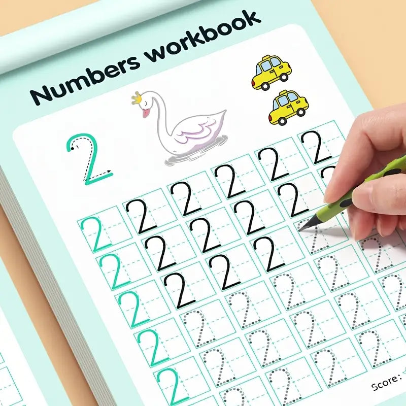 A light blue numbers tracing and math practice workbook page for ages 3 to 6 featuring a tracing grid for the number 2 with illustrations of a swan and two yellow taxis.