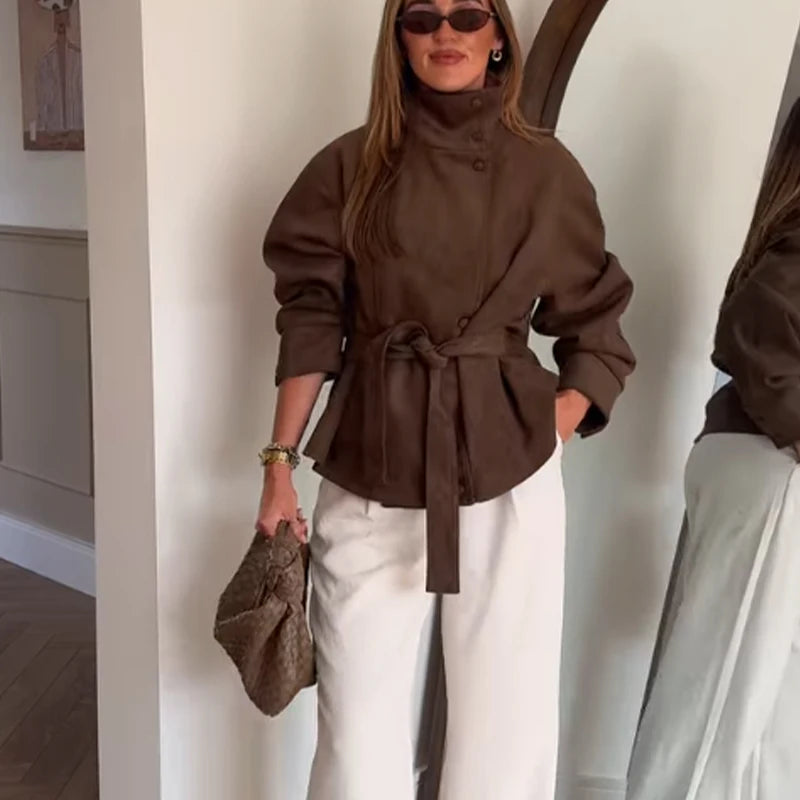 Women's Suede-Look Jacket, Loose Long Sleeve Belted Coat, Casual Commuter Autumn and Winter Jacket