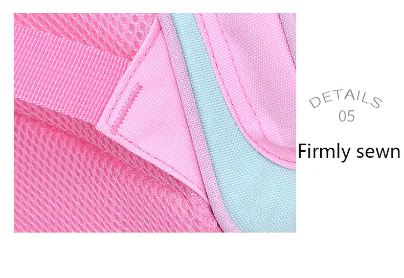 Einhorn-Schulrucksack für Mädchen Rainbow Bookbag mit pinkem und hellblauem Mesh-Stoffband und verstärkter Naht auf der Rückseite.