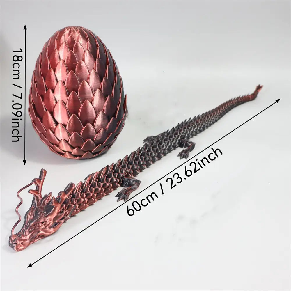 bronze-colored 3d printed giant dragon figurine with detailed scales and matching metal dragon egg shown from the front angle