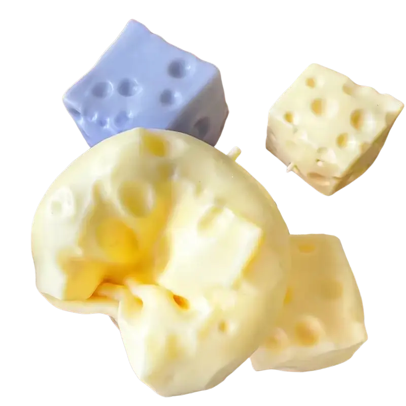 A pale yellow cheese shaped slow rising squishy toy with holes for stress relief and anxiety use
