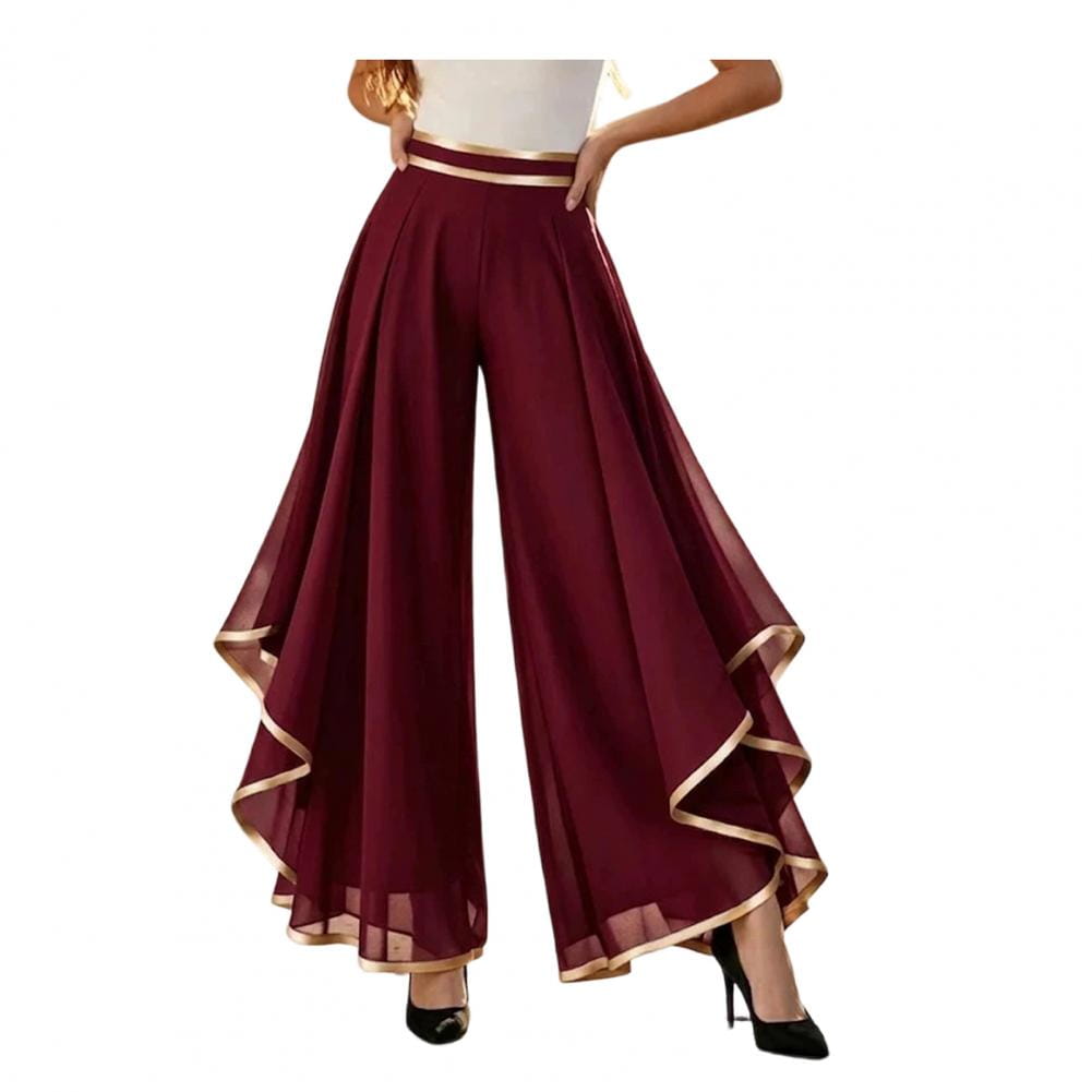 Maroon chiffon wide leg pants with high waist and gold trim along the waistband and hem ideal for summer trousers.