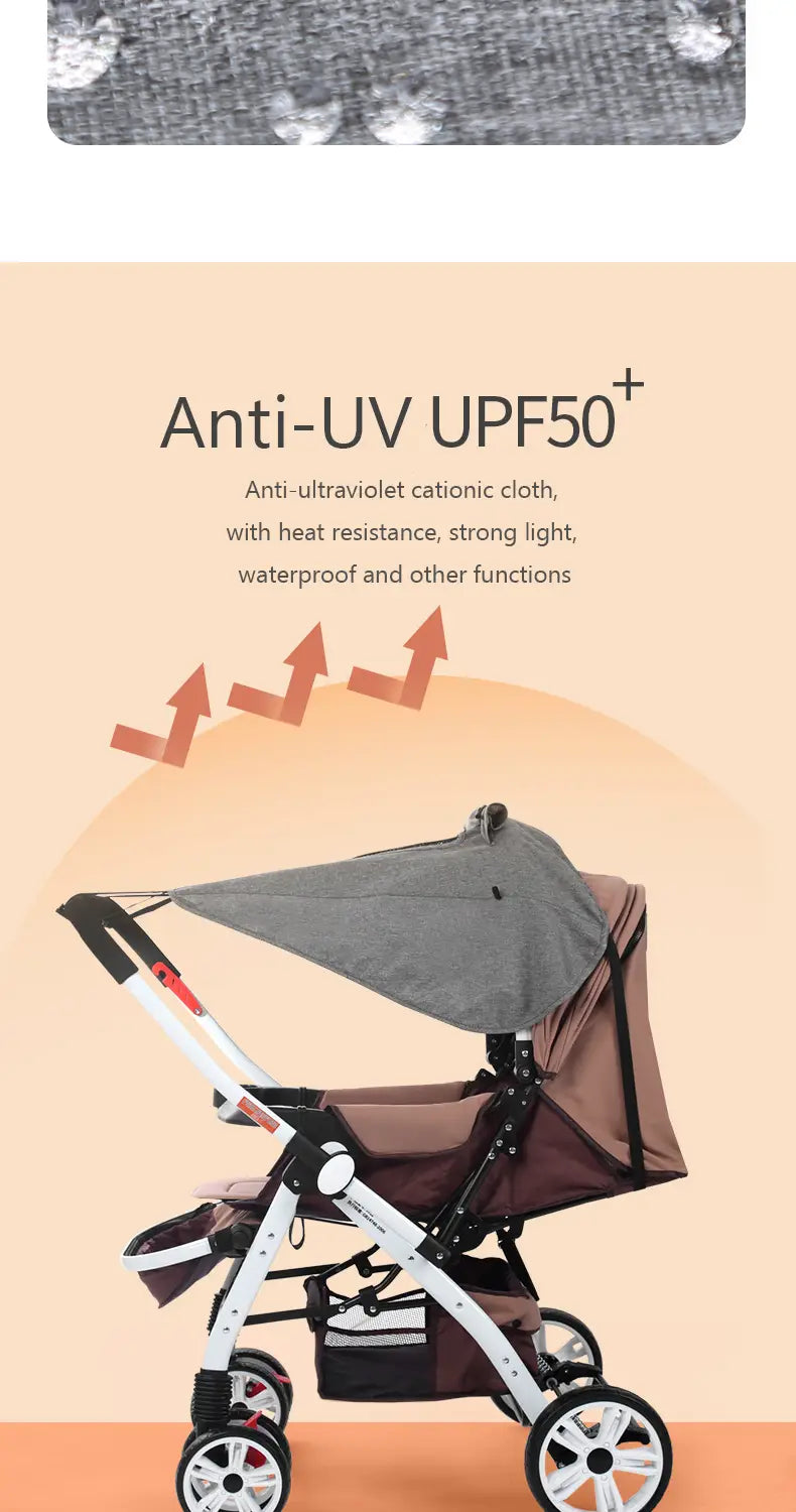 Brauner und weißer Kinderwagen mit angebrachter grauer Universalsunndeckung für UV-Schutz