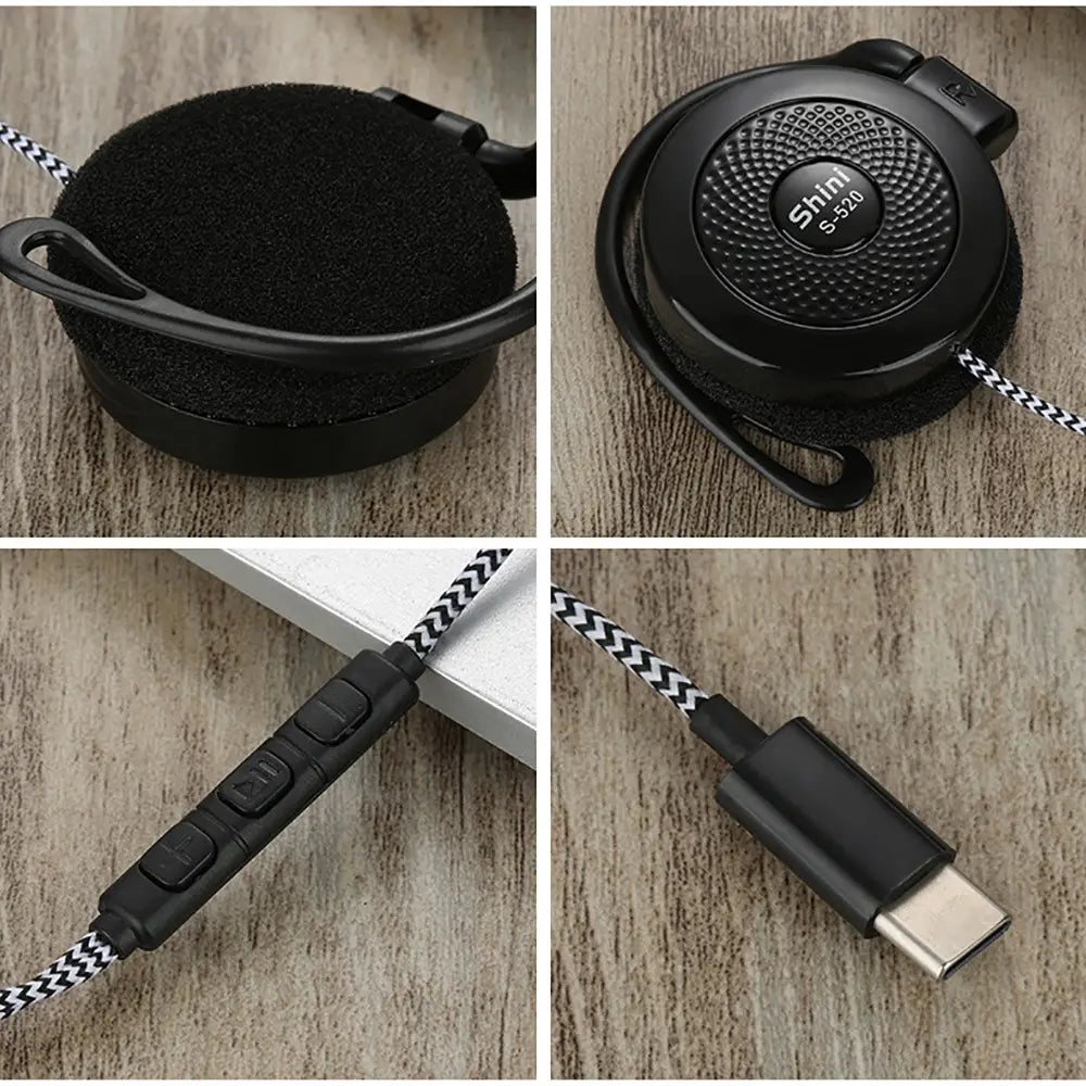 Black shim s-520 usb-c wired on-ear sports headphones with wireless functionality, featuring textured circular design, foam ear cushions, braided black and white cable with control buttons and usb-c connector.