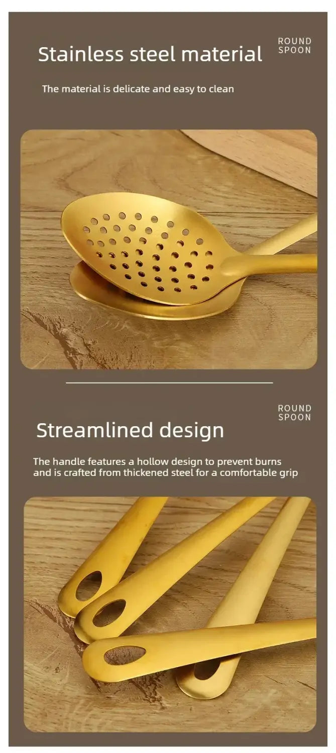 Gold-colored stainless steel round spoon with a perforated bowl and hollow handle from a gold kitchen utensil set stainless steel cooking tools.