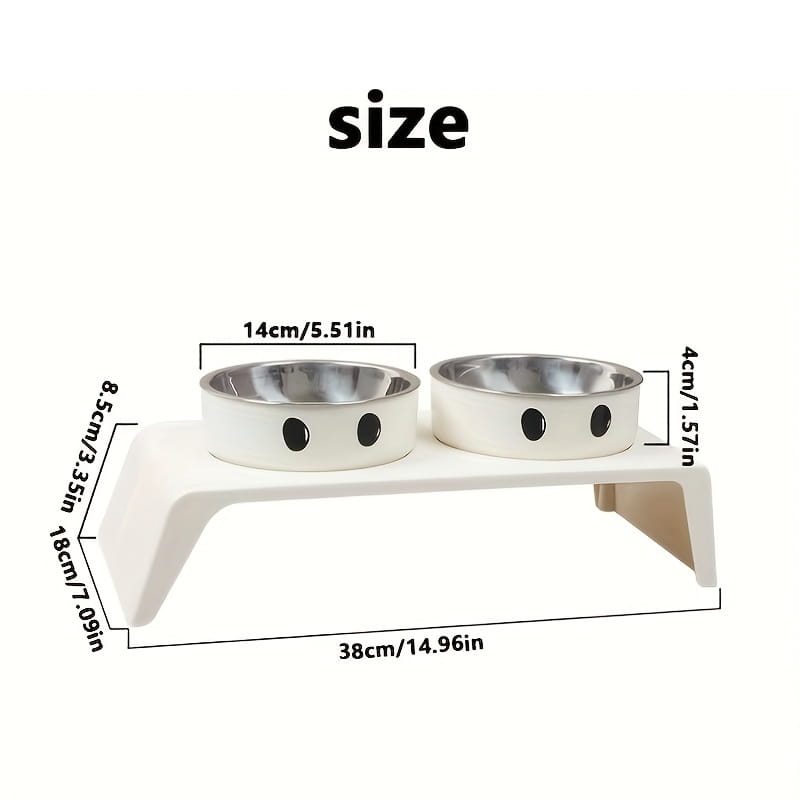 Elevated dog feeder raised stand in white with two stainless steel bowls featuring black circular eyes as a pet feeding station.