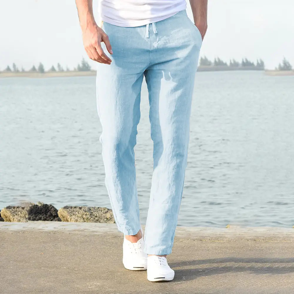 Light blue men cotton linen trousers with a drawstring waist and relaxed fit breathable casual pants.