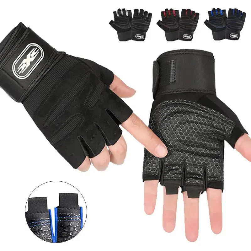 Black fingerless weight lifting gloves with textured grip surface and adjustable wrist wrap for enhanced support during workouts.