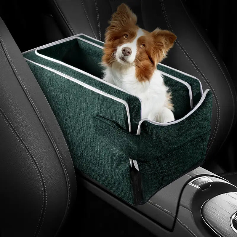 dark green fabric pet car console seat with white trim designed for small pets up to 5kg weight limit
