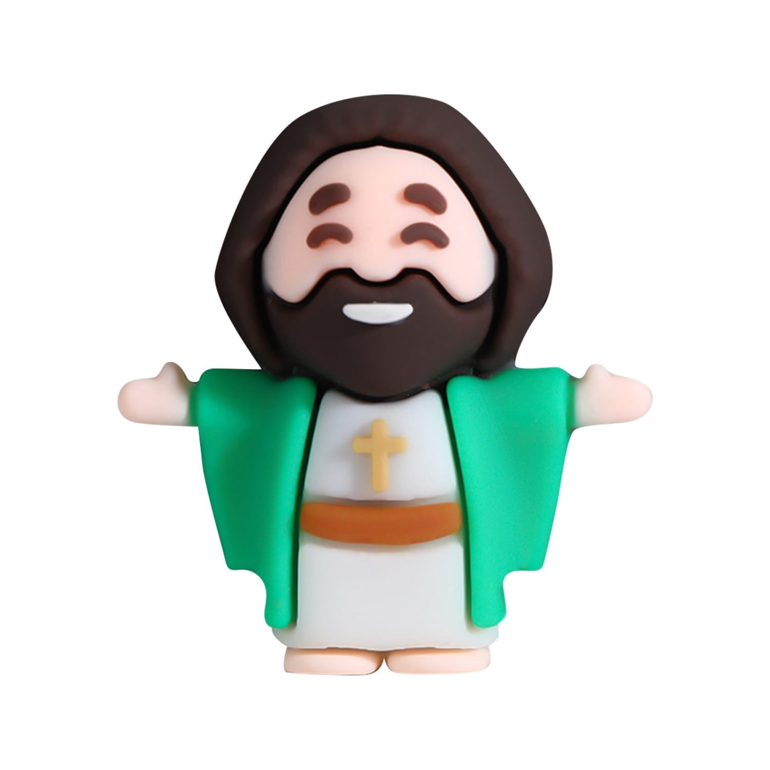 Cute green and white mini Jesus figurine with brown hair, beard, and a gold cross on the chest, ideal as Easter party favors in a 10 piece set.