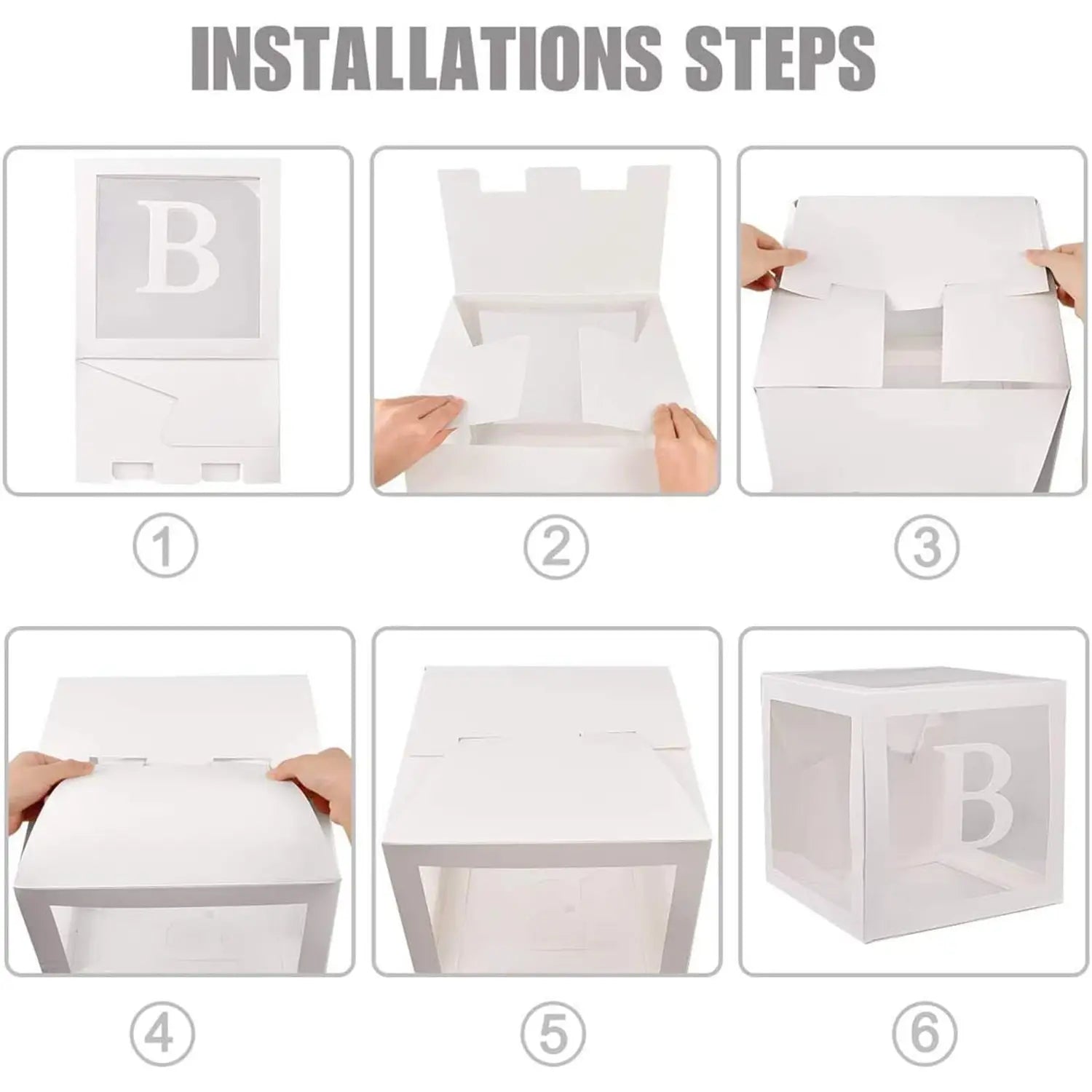 Weiße, durchscheinende, würfelförmige Baby-Meilensteinbox mit klarer Frontscheibe, die den Buchstaben „b“ aus dem Set „Baby Shower Balloon Boxes 4 Pcs Transparent Letter Blocks“ zeigt.