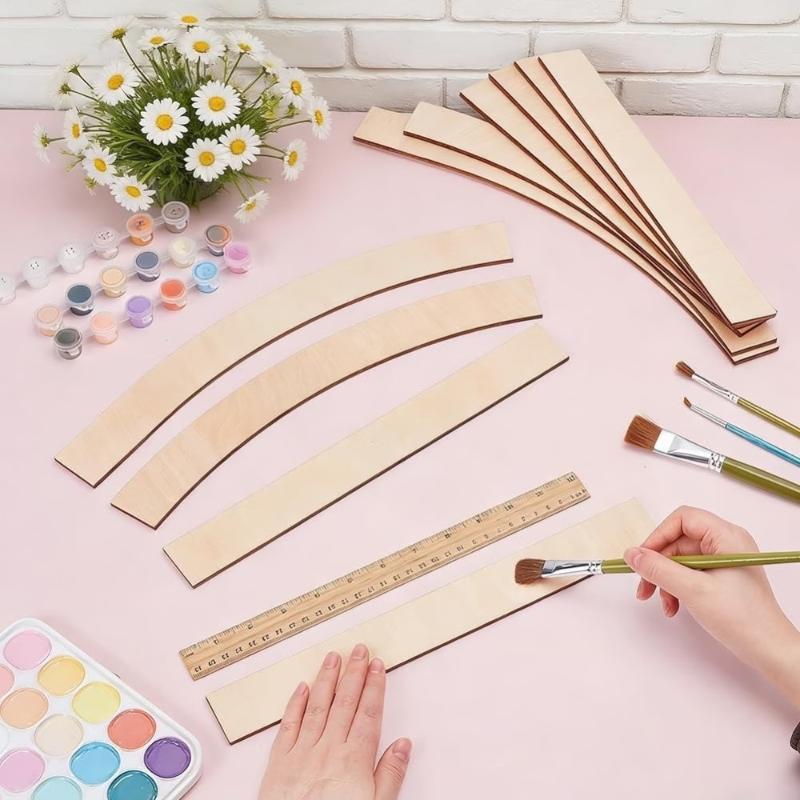 Light-colored wooden curved panels made of wood for scalloped wood wall arch diy decor trim painting kit.