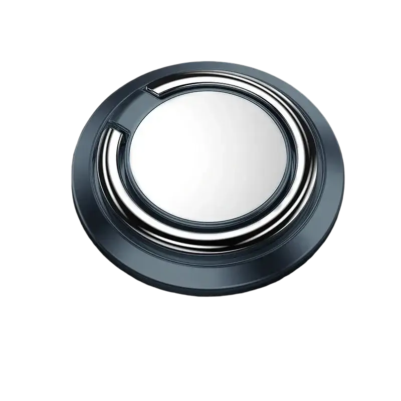 A circular magnetic phone holder finger ring stand with a reflective silver center and dark gray outer ring