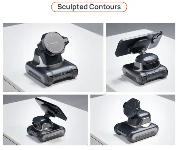 Support magnétique noir pour téléphone, contours sculptés et design moderne épuré, fixé au robot Looi Ai Smart avec télécommande et batterie au lithium.