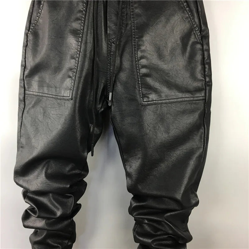 Men Casual Cargo Harem Pants High Street Hip Hop Length PU Faux Leather Sweatpants Autumn Winter Black Big Size