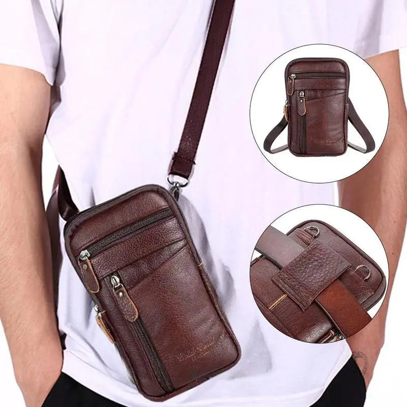 braune Ledergürteltasche für Herren mit mehreren Reißverschlüssen und verstellbarem Riemen, entworfen als bequeme Gürteltasche und Umhängetasche für das Mobiltelefon