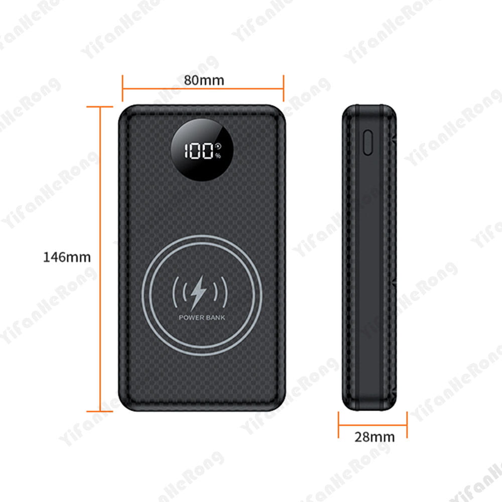 Schwarzes, aus kohlefaserigem Material strukturiertes Powerbank-Gehäuse für 6 18650-Batterien mit runder LED-Anzeige, die 100 Prozent Ladestand zeigt, sowie einem zentralen Lade-Symbol, ausgelegt für schnelles Laden