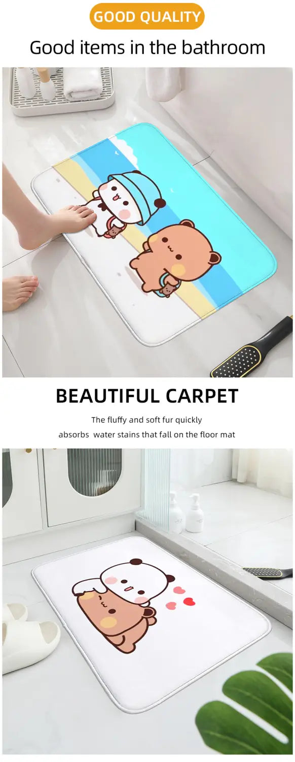 Tapis de bain antidérapant blanc, avec deux adorables personnages de dessin animé : l’un portant un chapeau bleu et l’autre des cœurs roses, conçu pour un usage dans la salle de bains, de la marque Bubu Dudu.