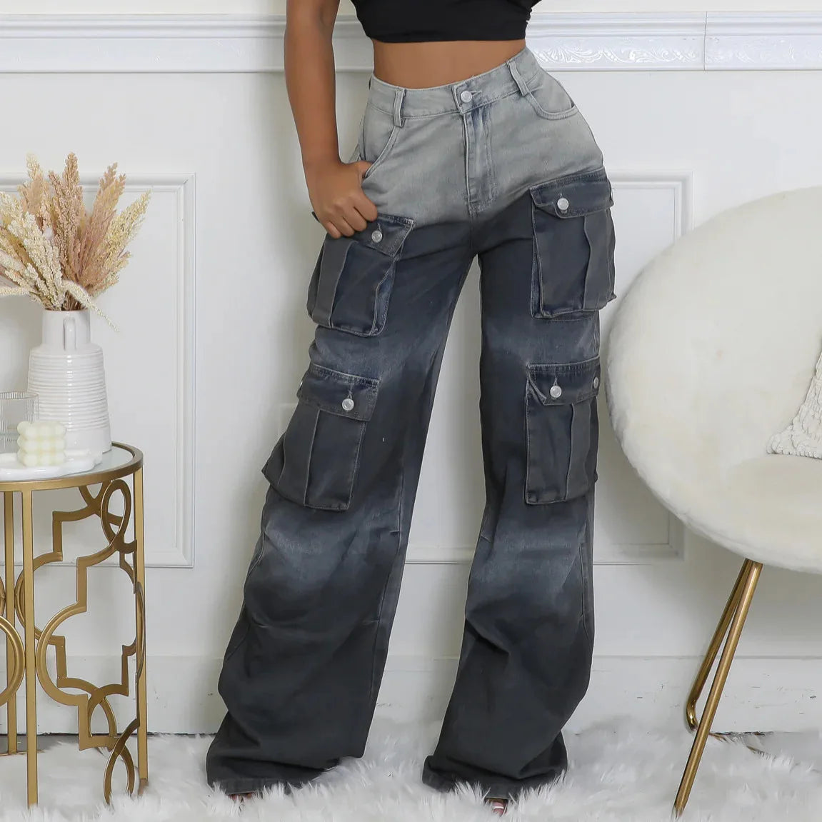 New Women's Casual Multi-pockets Denim Pants Spring Fashion High Waist Wide Leg Jeans Hip Hop Streetwear Females Baggy Trousers