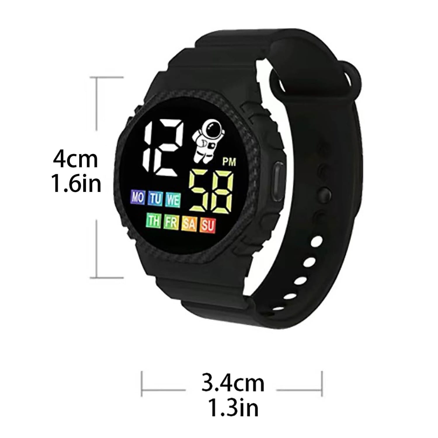 Black kids waterproof led digital astronaut watch featuring a colorful led display with time day and an astronaut icon on the screen.