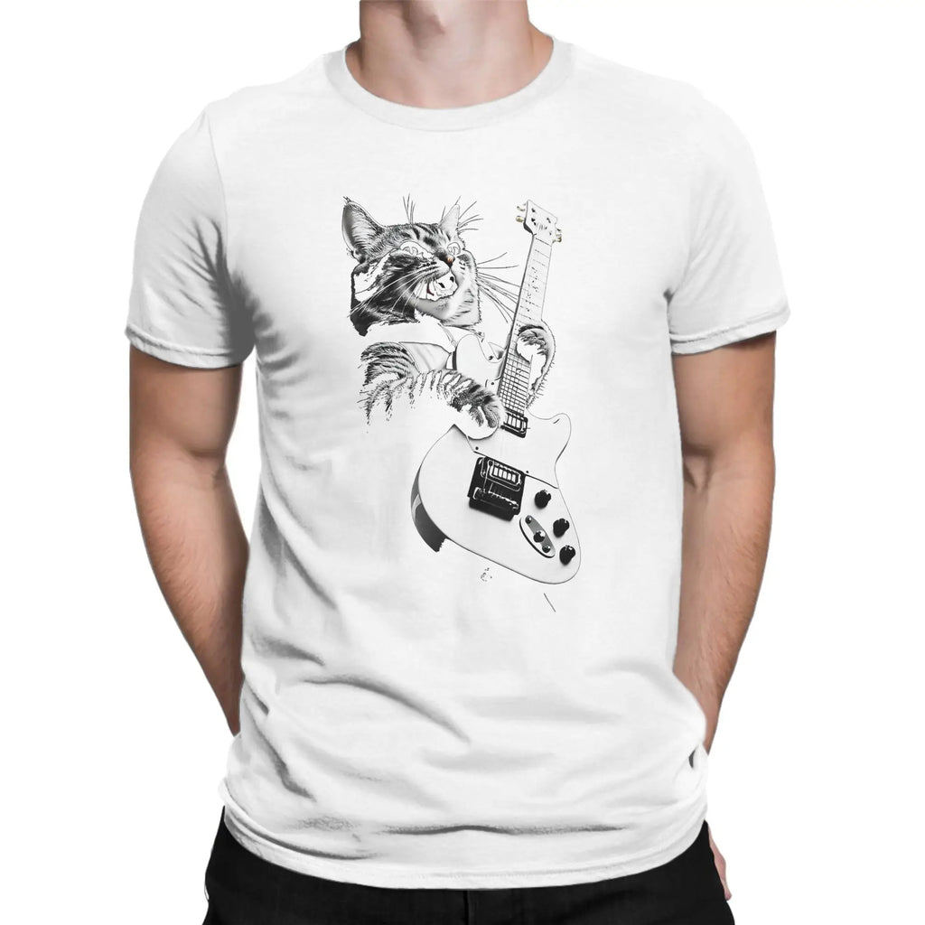 Men T-Shirts Cat Guitar  Leisure 100% Cotton Tee Shirt Short Sleeve  T Shirts Crew Neck Tops Printing