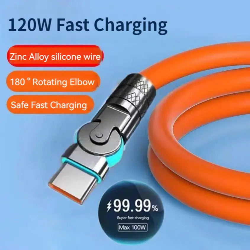 Oranges 120-W-Rotations-Silikon-USB-C-Kabel mit einem Zinklegierungs-Metall-180-Grad-Rotationswinkelstecker sowie Silikonkabel.