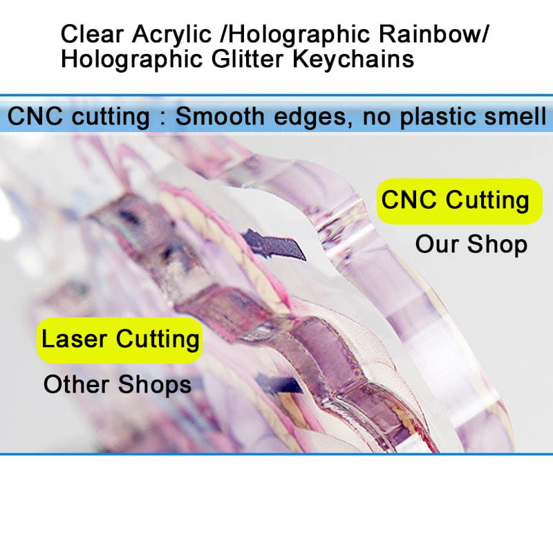 Clear acrylic keychains with holographic rainbow and glitter designs for custom acrylic anime photo keychain personalized cartoon charm.