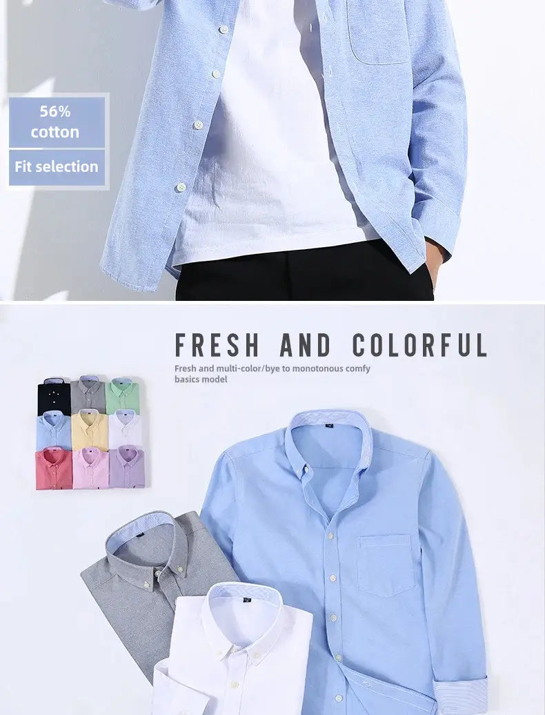 Mens light blue Oxford shirt casual long sleeve with a subtle textured weave and classic collar.