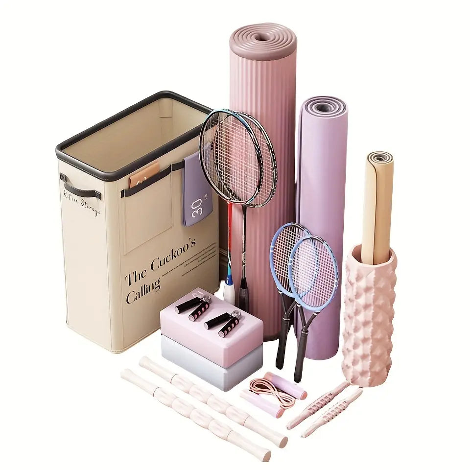 Pink ribbed yoga mat with a textured surface and rolled edge displayed inside a yoga mat storage basket fitness organizer.