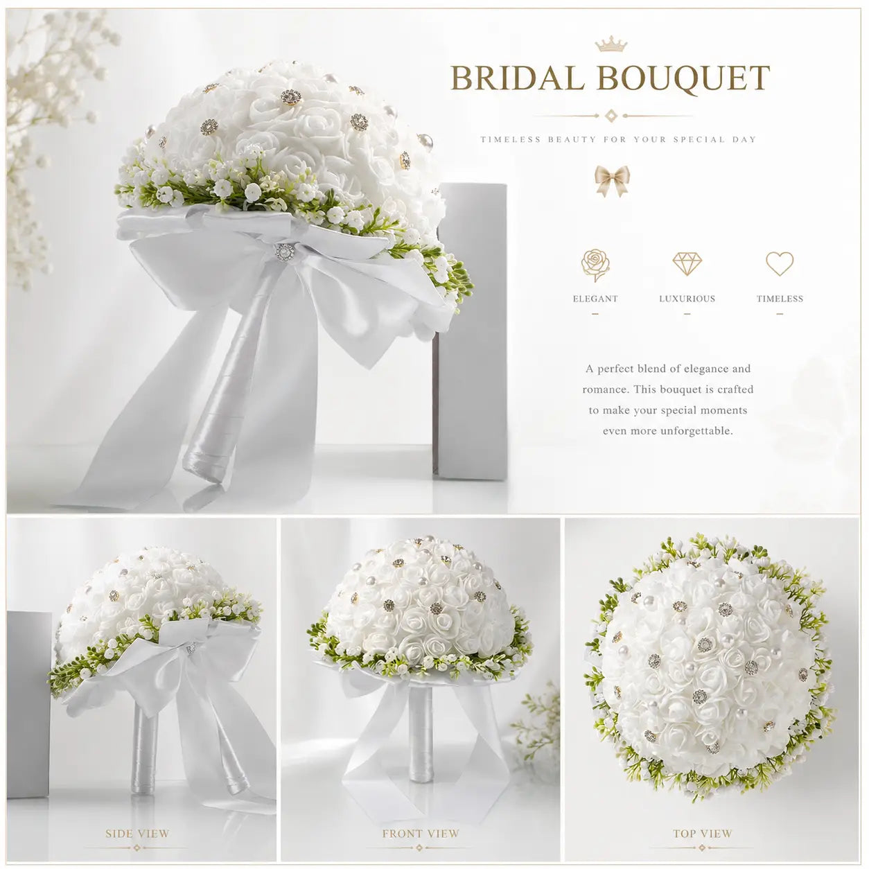 Un délicat bouquet de mariée blanc composé de perles et de strass, agrémenté d’une verdure subtile et noué avec un ruban de satin fluide.