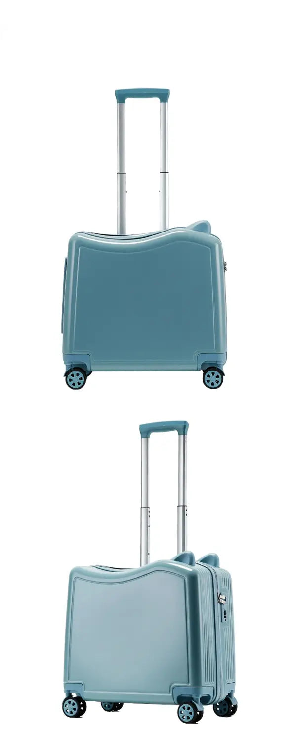 ein eleganter hellblauer Hartschalen-Kinder-Ride-on-Spinner-Koffer-Reisetrolley-Beutel mit modernem, gebogenem Design und vier Spinner-Rädern.
