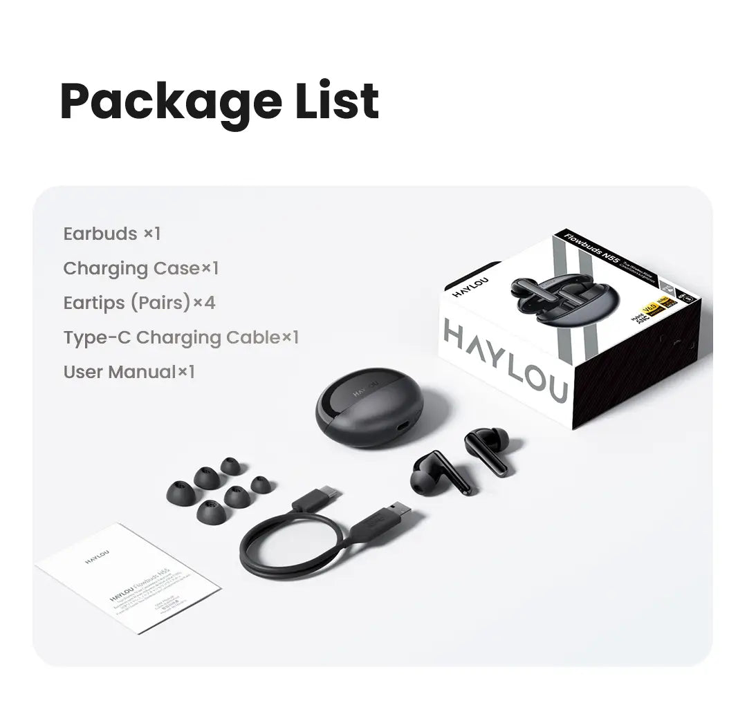 Écouteurs sans fil Haylou Flowbuds N55 noirs avec un design minimaliste élégant et une finition mate, dotés d’un étui de charge compact et d’une autonomie prolongée.