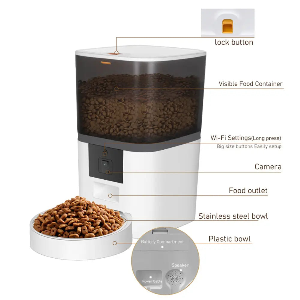 Smart dual pet feeder with hd camera and app control in white and black features a transparent food container, stainless steel bowl, wi-fi settings, lock button, and speaker for meal video and product description use.