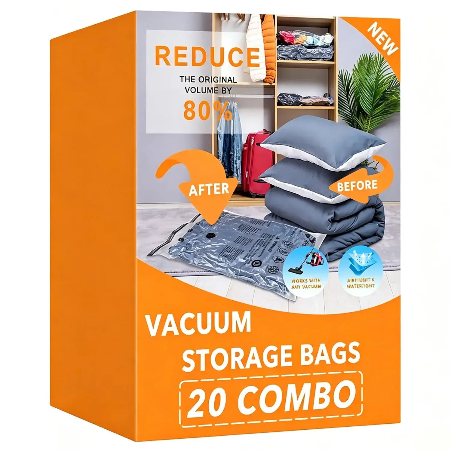 boîte orange contenant 20 sacs de rangement sous vide pour réduire le volume jusqu’à 80 % dans des tailles variées, conçus pour un rangement efficace en économisant de la place.