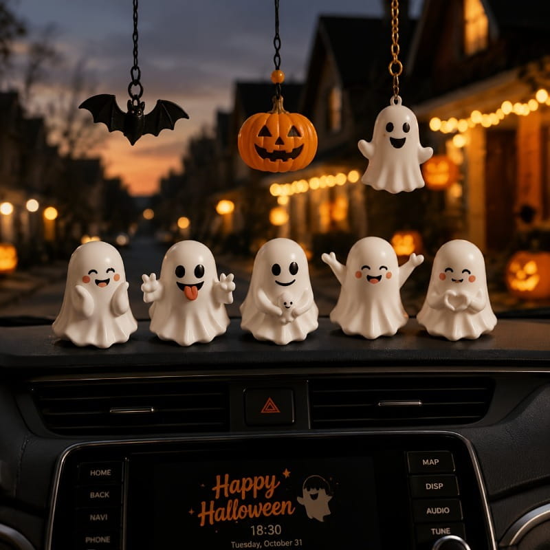 ハロウィンの装飾として、スマイルの表情と多様なポーズの白い陶器製ゴースト置物6体を、車のダッシュボードに並べたセットです。