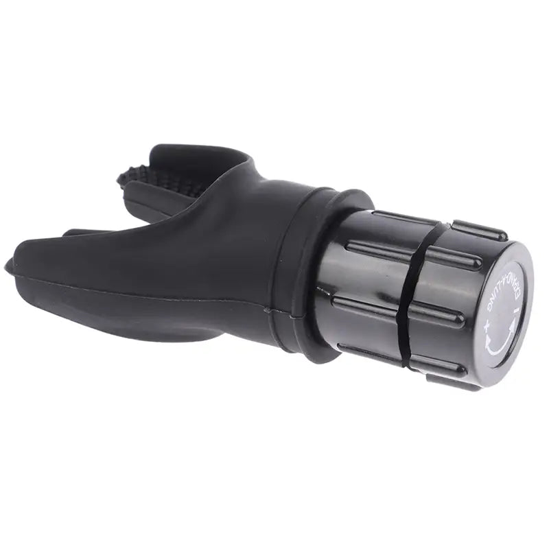 Black plastic scuba diving regulator first stage with textured grip and integrated hose connector for lung capacity training device respiratory fitness tool