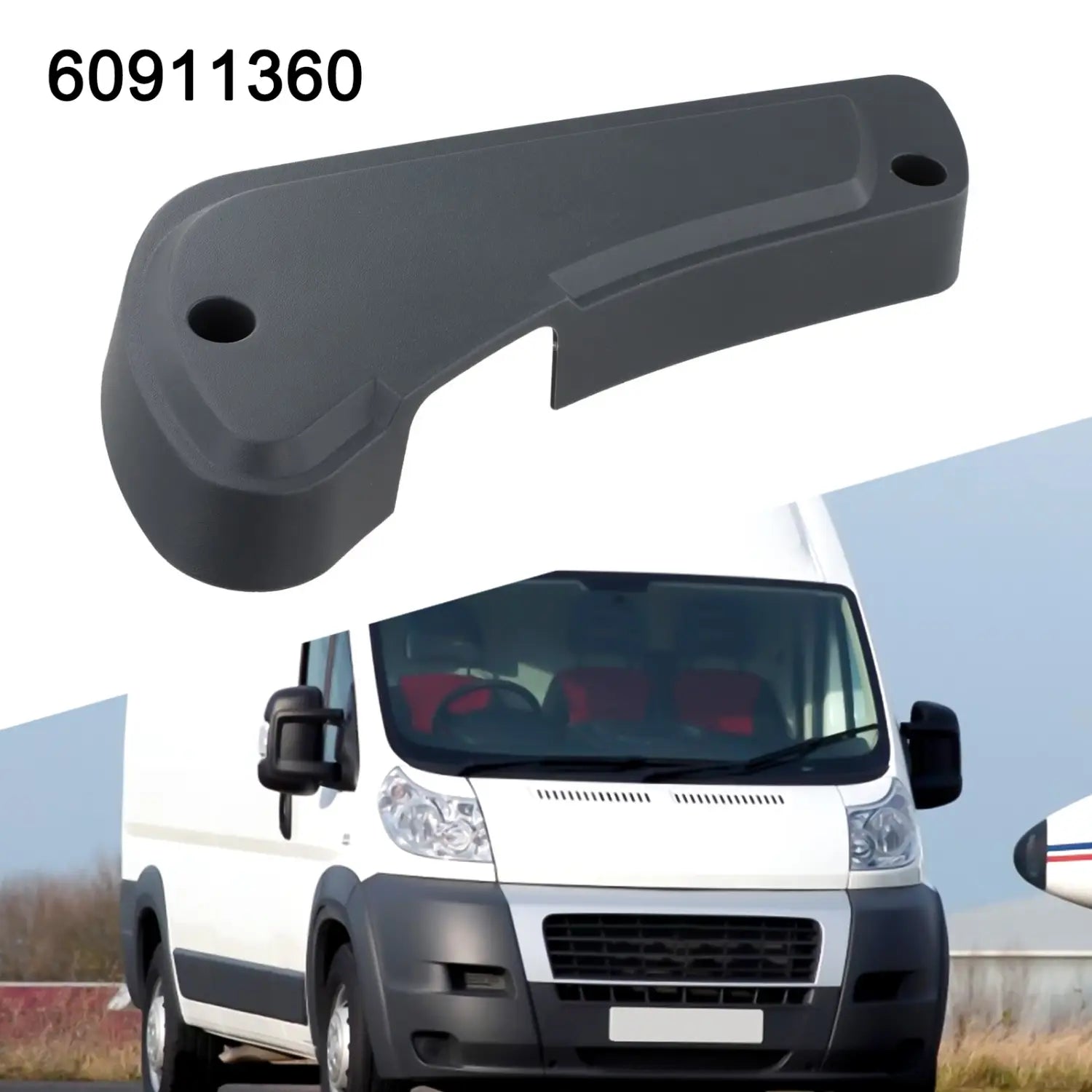 Black plastic door handle cover for Fiat Ducato driver seat panel 60911360 shown from the back side.