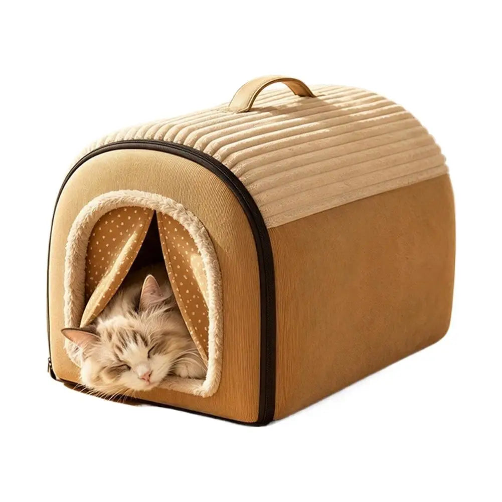 Beige corduroy and suede pet bed cave with washable warm cotton construction and polka-dot fabric entrance.