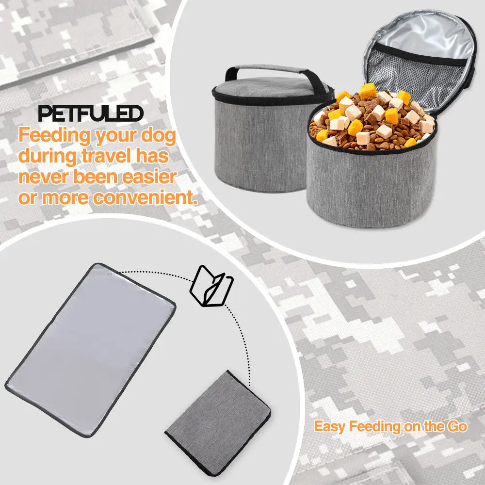Sac de voyage pour chien en tissu gris avec fermeture éclair et bordure noire, doté d’un intérieur doublé en mesh, pour faciliter l’alimentation en déplacement.