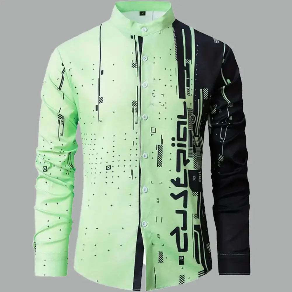 A neon green and black graphic button up long sleeve shirt for men featuring a modern tech-inspired design.