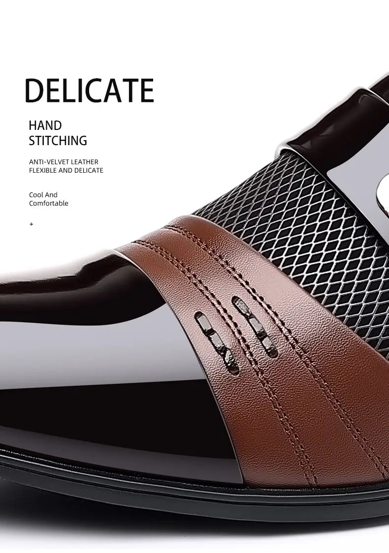Zapato de vestir de punta afilada de lujo para hombre en cuero anti-violeta marrón y negro, con paneles de malla y diseño tipo mocasín.