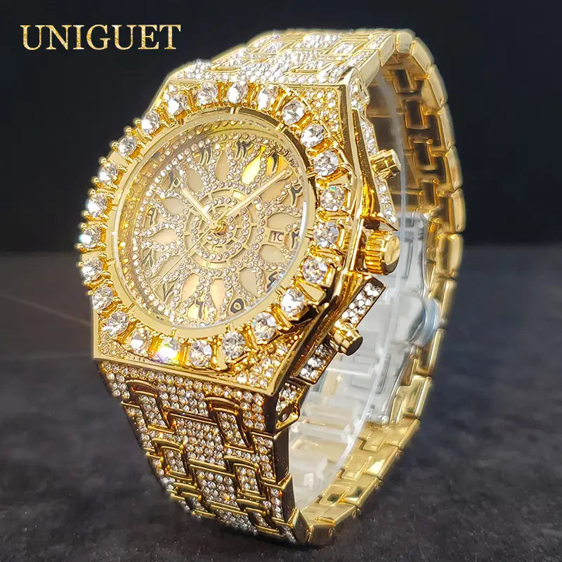 Gold-colored iced diamond men’s quartz watch with a diamond-encrusted octagonal face and band featuring intricate detailing and the brand name uniguet on the dial designed as a luxury silver hip hop timepiece.